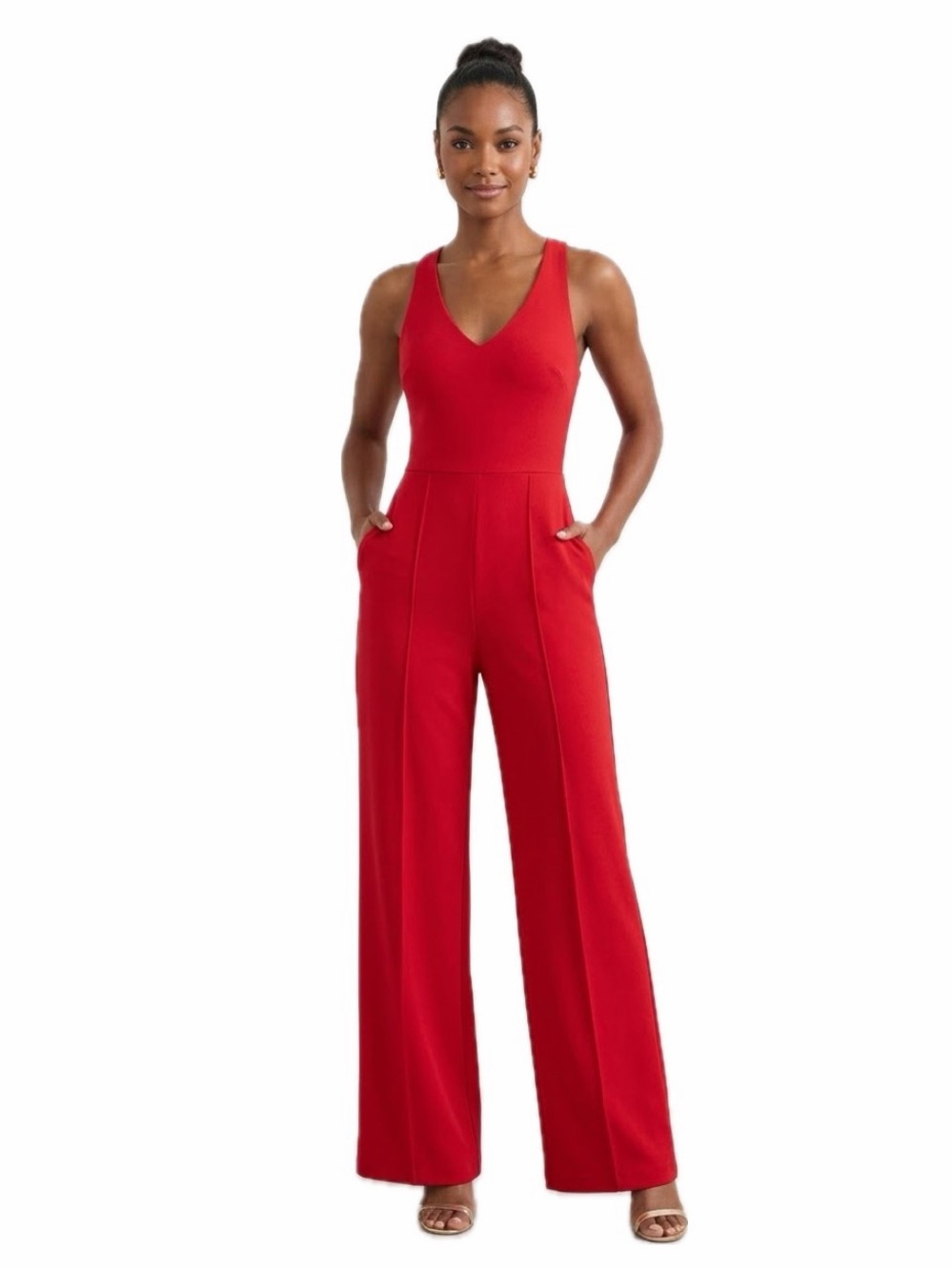CRYSTAL SKY WOMEN S ELEGANT RED WIDE-LEG V-NECK OPEN BACK JUMPSUIT NWOT